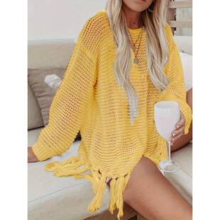 T 51754 Lace Knit Fringe Beach Cover Up 镂空针织罩衫