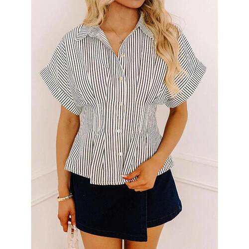 H 39094 Striped waist-cinched shirt 条纹收腰女士衬衫跨境