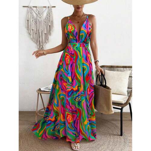 H 76095 Rainbow Print Backs Maxi Dress 彩虹印花露背长裙