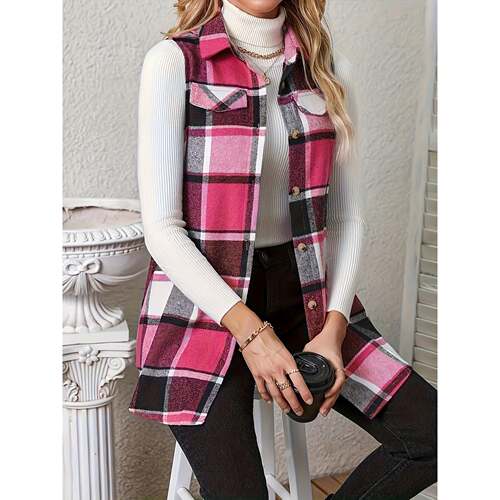 H 41947 Women's front button plaid vest 女士前排扣格纹马甲