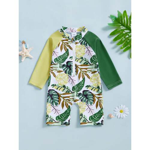 R 78889 Long Sleeve Color Block Swimsuit 撞色连体泳衣