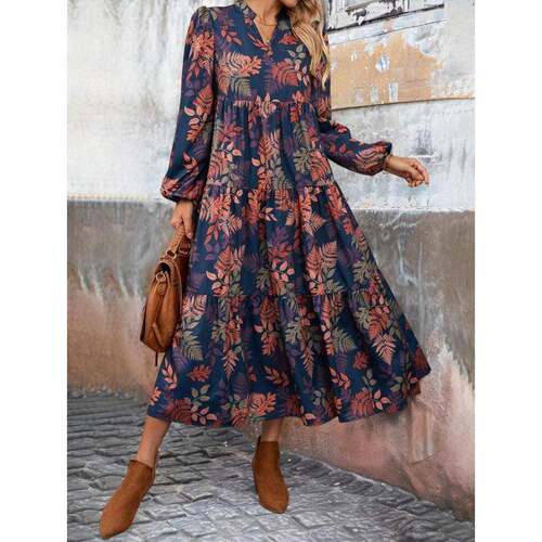 H 79681 Floral Print Pleated Dress 花卉印花 V领连衣裙