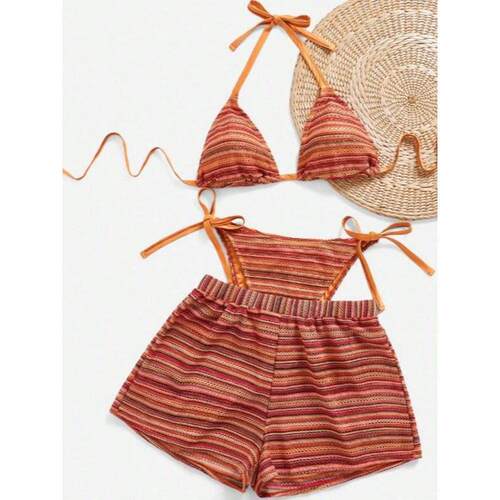 H 31912 Striped Tie Bikini Three-piece 条纹绑带比基尼三件套