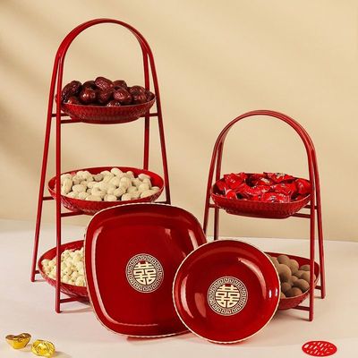 水果盘结婚专用结婚多层果盘订婚宴喜糖干果盘婚礼客厅摆件红色喜