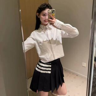 【赠退货宝】TNNE TB白色高腰织带衬衫女士短款翻领撞色装饰衬衣