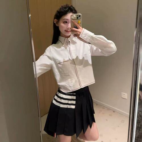 TB白色高腰织带衬衫女士短款翻领