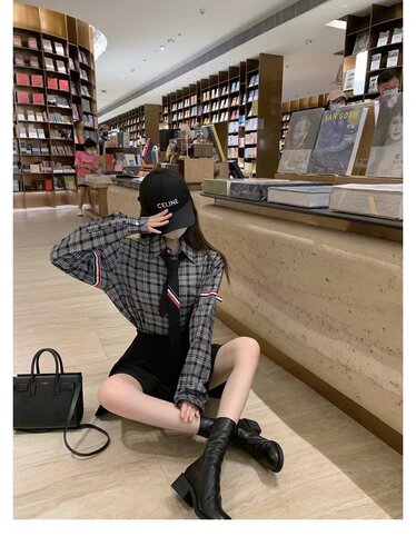 TB格子防晒衬衫上衣女格纹宽松