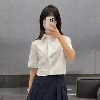 TB短款竖条纹高腰衬衫显瘦衬衣女