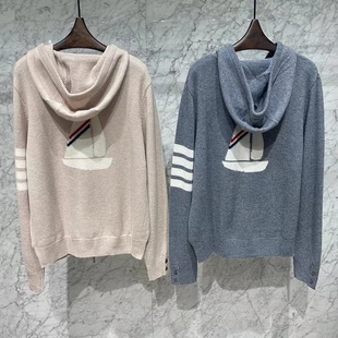 【赠退货宝】TB背后帆船提花宽松全澳毛羊毛拉链针织连帽外套毛衣