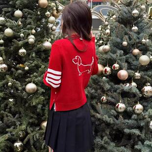 【赠退货宝】TUMA TB四杠小狗红色圆领毛衣开衫针织羊毛毛衣外套