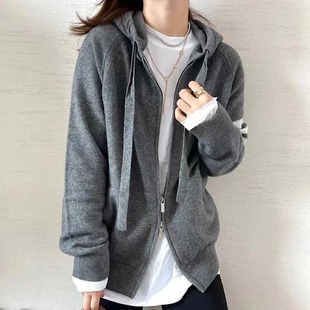 【赠退货宝】TB四杠全羊毛针织连帽卫衣拉链帽衫软糯宽松毛衣外套