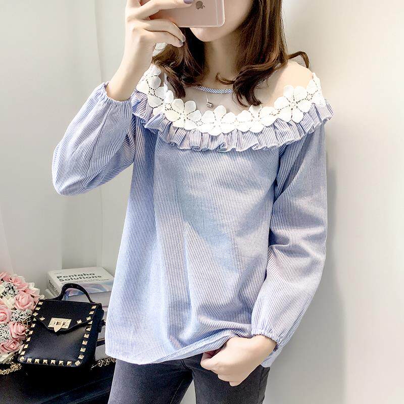 条纹衬衫女秋装2019新款韩版网纱蕾丝拼接宽松学生上衣灯笼袖长袖|msdalam kategori Butik wanita / wanita, shirt - dari Buy2taobao.com untuk memberikan perkhidmatan ejen Taobao profesional membeli