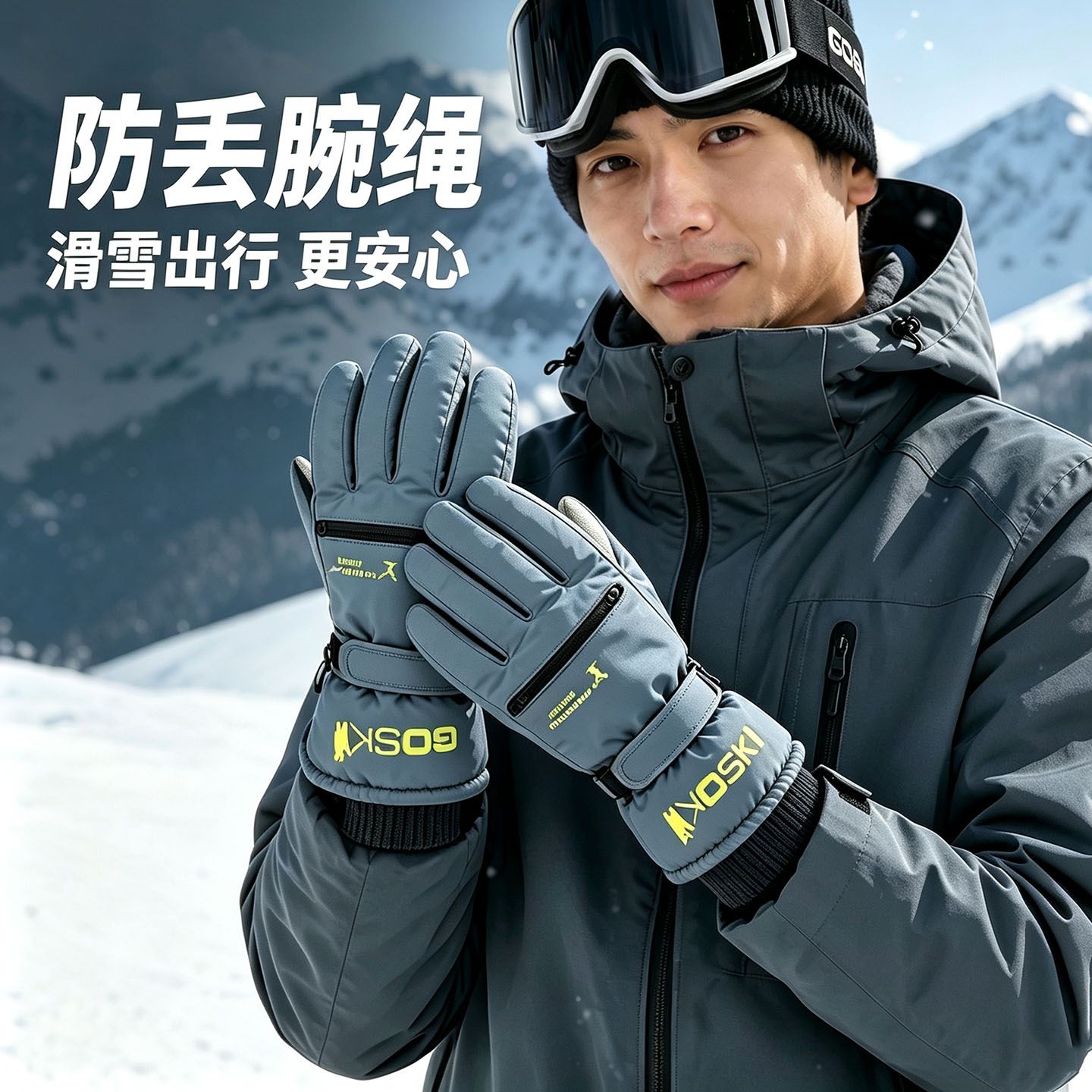 滑雪手套男士冬季户外骑摩托车保暖加绒加厚防风防寒防水带防丢绳