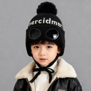 儿童帽子男孩加绒保暖飞行员针织毛线帽小童宝宝眼镜一体2025新款