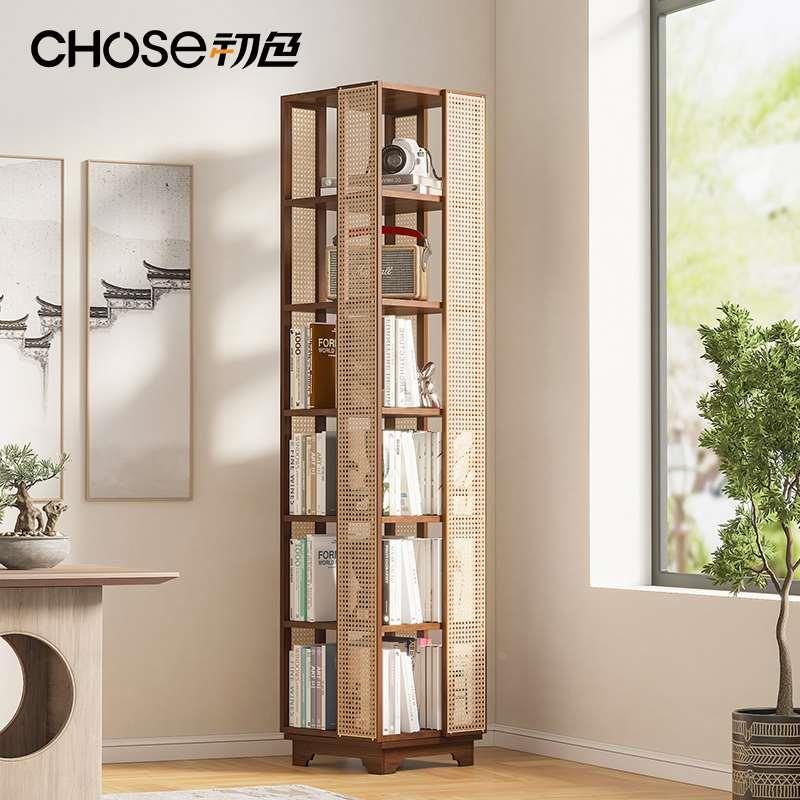 藤编旋转书架落地置物架一体靠墙可移动墙边小窄柜子实木转角书柜