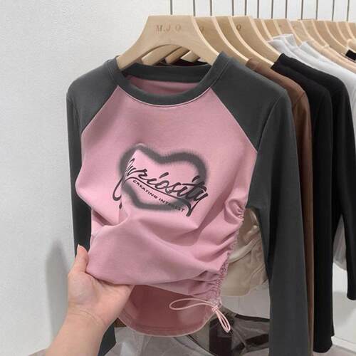 儿童春秋款洋气长袖T恤女童韩版撞色插肩袖短款打底衫中大童上衣