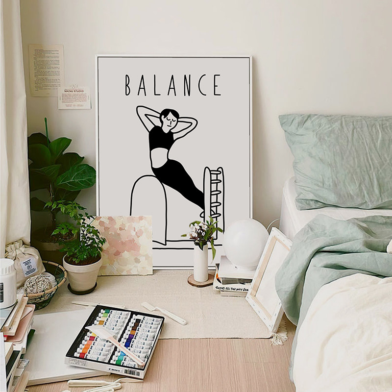 努高 简约现代黑白人物瑜伽海报装饰画房间挂画卧室床头落地摆画