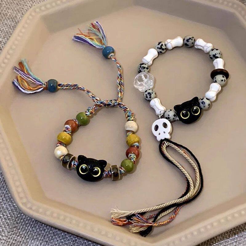 双人手链骷髅猫咪陶瓷编织绳手链女小众设计感甜酷中国风流苏彩色