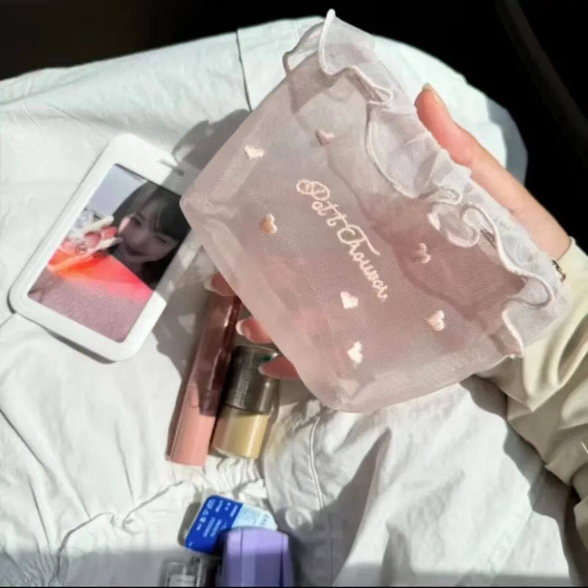 包包里的收纳小包韩国ins风少女网纱爱心刺绣便携化妆包 可爱纸巾