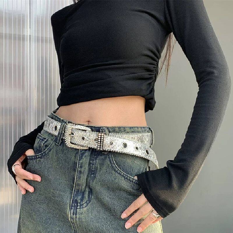 皮带美式高街美式全孔y2k皮带女款辣妹朋克双排扣宽裤带装饰黑色