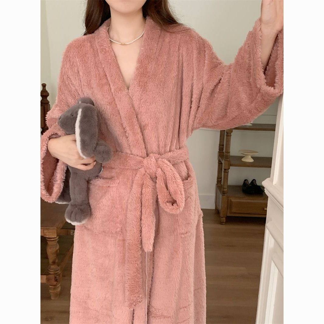 睡袍女小个子新款小个子加厚加长款睡袍系带保暖浴袍晨袍珊瑚绒加
