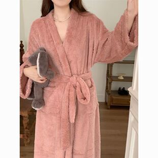 睡袍女小个子新款小个子加厚加长款睡袍系带保暖浴袍晨袍珊瑚绒加