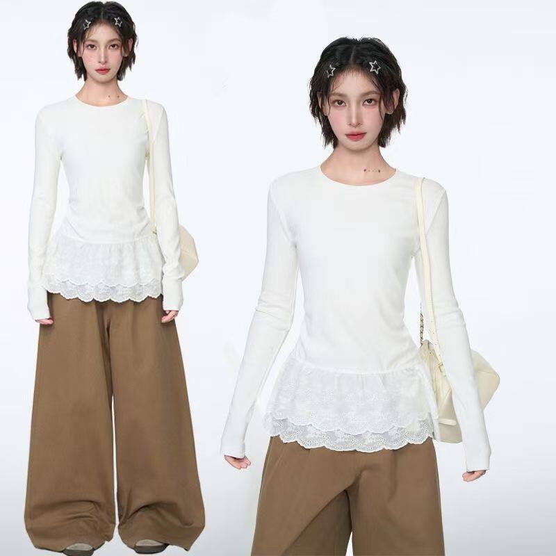 衣服下摆叠穿法式圆领蕾