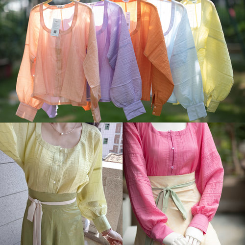 青泠谷原创汉服女唐制上衣天丝pp领长袖灯笼袖衫子配一片式破裙