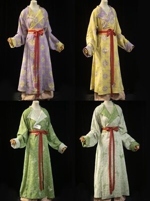 青泠谷白绿迎春花蝴蝶黄紫宝相花双面穿全棉唐制圆领袍