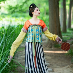 青泠谷漢服藍綠24破拼接陌腹陌腹復原唐制漢服套裝 子 女配pp領衫
