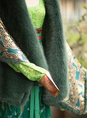 青泠谷新品汉服雀蓝团花双面法门寺披衫织金锦披肩高腰22破裙套装