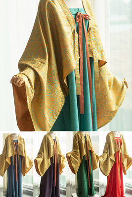 青泠谷明黄桑蚕丝混纺宋锦法门寺披衫唐制汉服春秋款