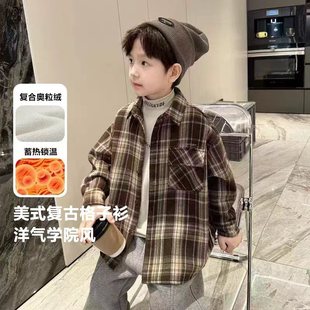 男童格子衬衫秋冬款中大童一体绒印花长袖上衣潮加绒加厚儿童开衫