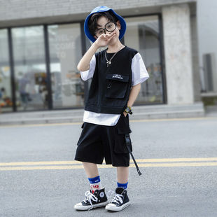 短袖 男童夏装 帅气时髦儿童夏季 2024年新款 中大童假两件套洋气 套装