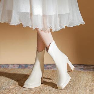 真皮版~高跟短靴女2025秋冬加绒杏色瘦瘦靴粗跟马丁靴法式小踝靴