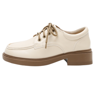 杏色小皮鞋女2025春秋新款系带厚底乐福鞋女玛丽珍平底软底单鞋