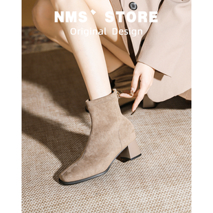 法式绒面时装小短靴女2025秋冬新款爆款粗跟洋气小个子高跟瘦瘦靴