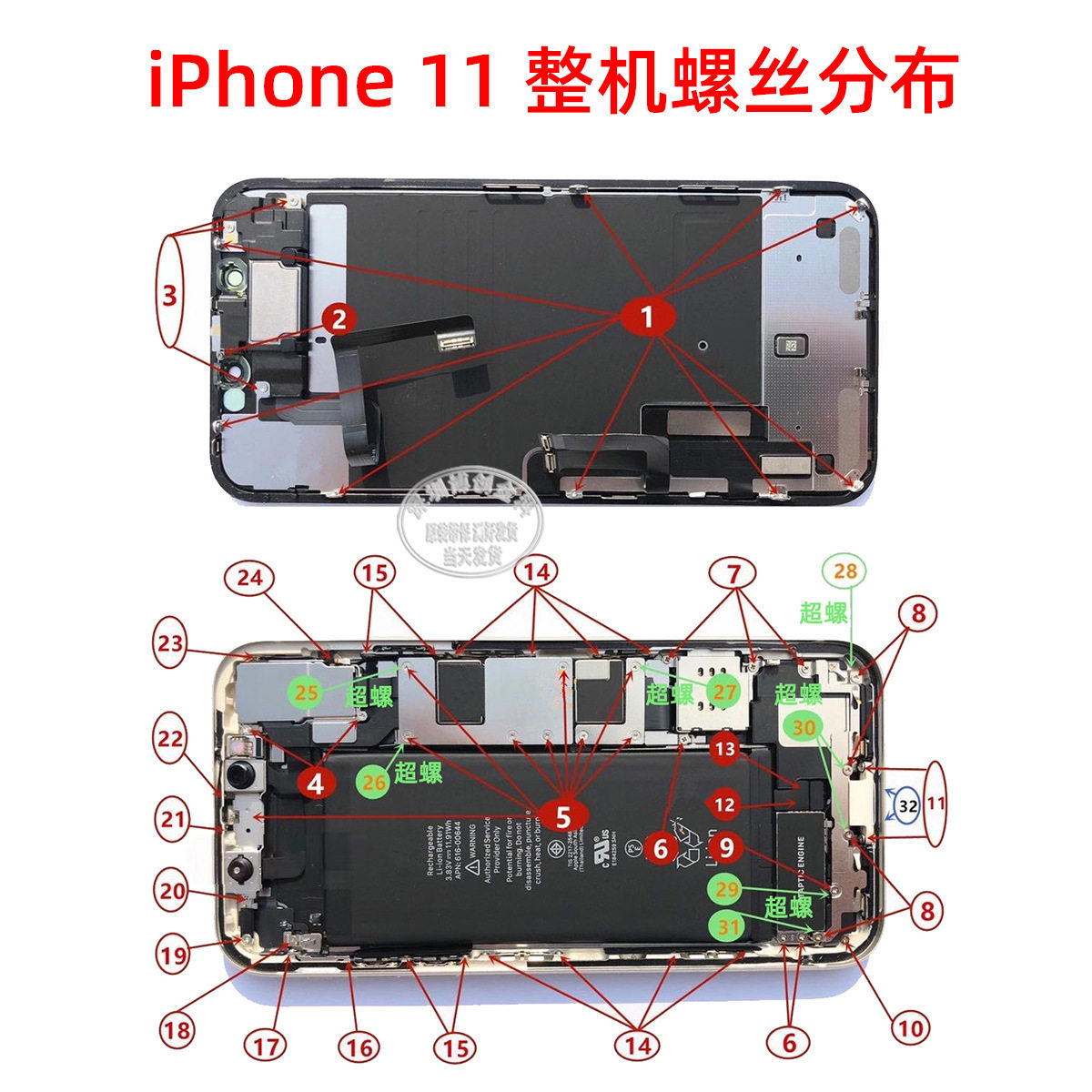 机身螺丝分布 主板超螺螺丝 含尾插螺丝 适用于苹果11/11promax