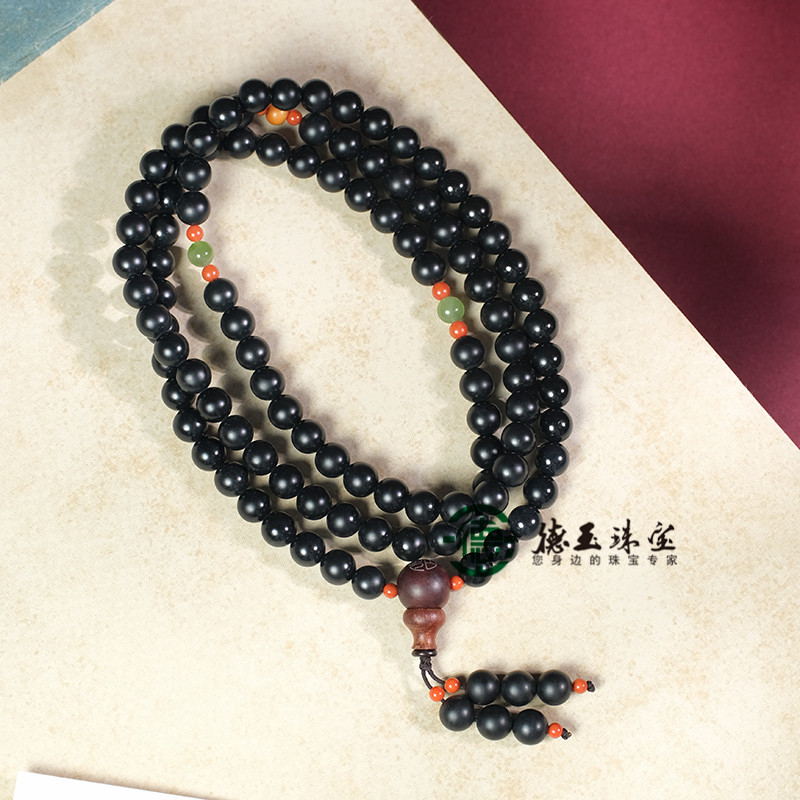 新疆籽料墨玉8mm108颗佛珠项链天然黑羊脂聚墨多圈手串念珠毛衣链