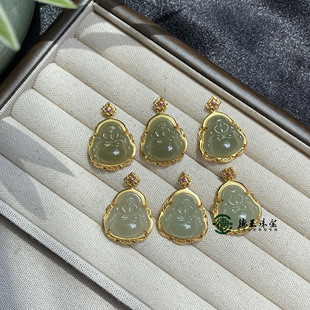 天然玉石和田玉湖水绿弥勒佛吊坠s925银镀金镶嵌佛公项链挂件女款