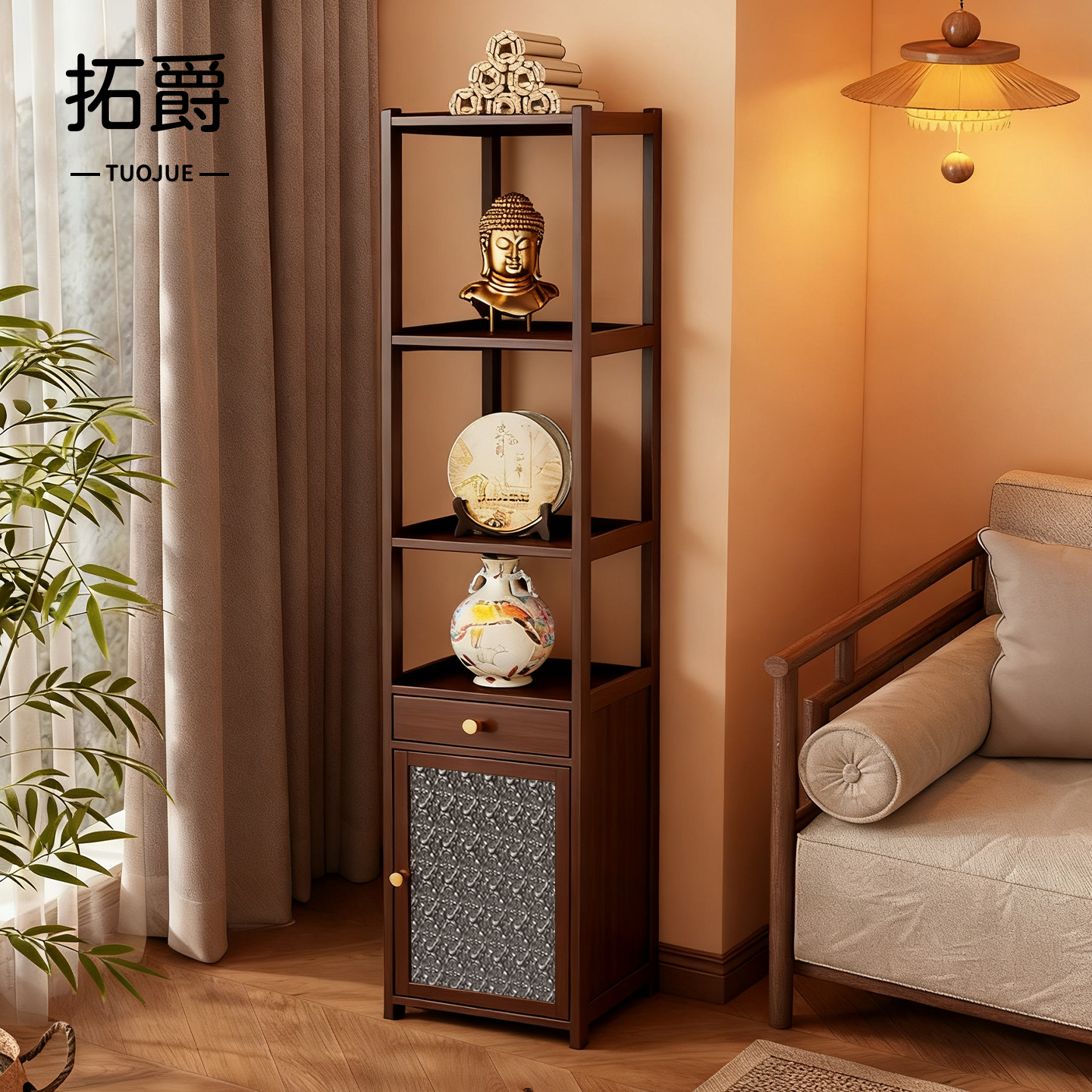 茶柜置物架客厅新中式博古架小型摆件展示架窄款多功能储物架花架