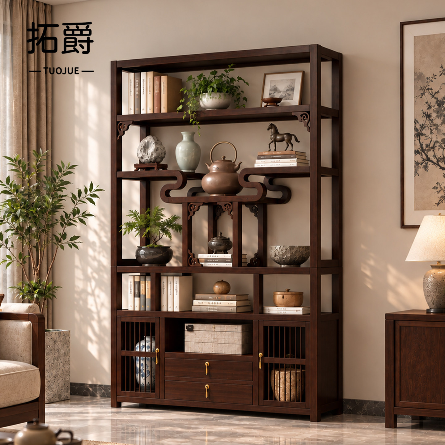 新款博古架茶室中式茶叶摆放展示架楠竹多层落地茶边柜文玩置物架