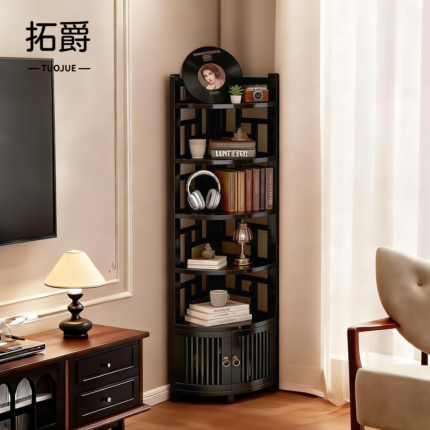 客厅转角置物架子多层展示柜三角形墙角柜扇形90度拐角柜落地书架