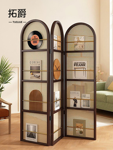 中古风客厅屏风隔断家用可折叠落地藤编遮挡隔板2025新款杂志书架