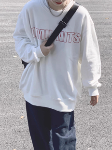 美式复古hiphop圆领长袖卫衣女秋冬加绒白色oversize港味chic上衣