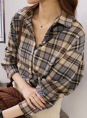 格子衬衫女春复古港味中长款上衣