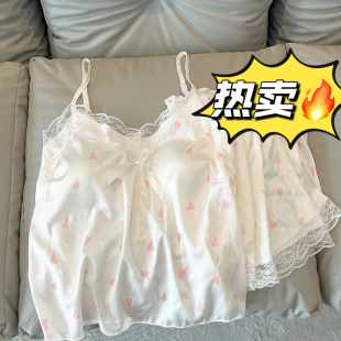 2025胖mm吊带睡衣两件套款 家居服 夏季 带胸垫花边纯欲风高级感新款