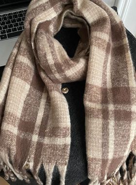 围巾情侣款一对蓝色格子情侣大围巾女格纹秋冬季学生韩系氛围感百