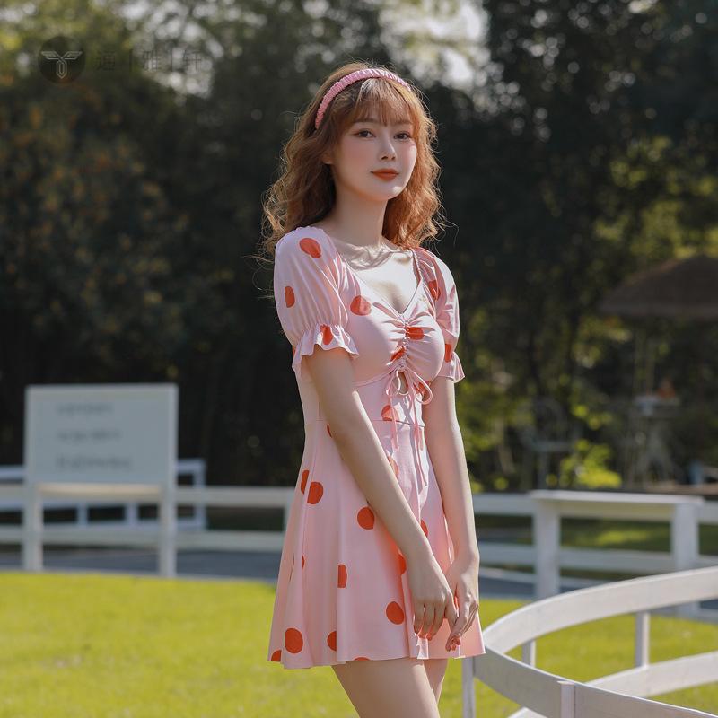 仙女泳衣女泡温泉显瘦连体裙式保守遮肚可爱圆点遮肉游泳衣