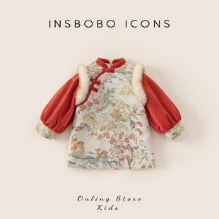 INSbobo女童连衣裙红色周岁女宝礼服冬季新款拜年服儿童新年裙子